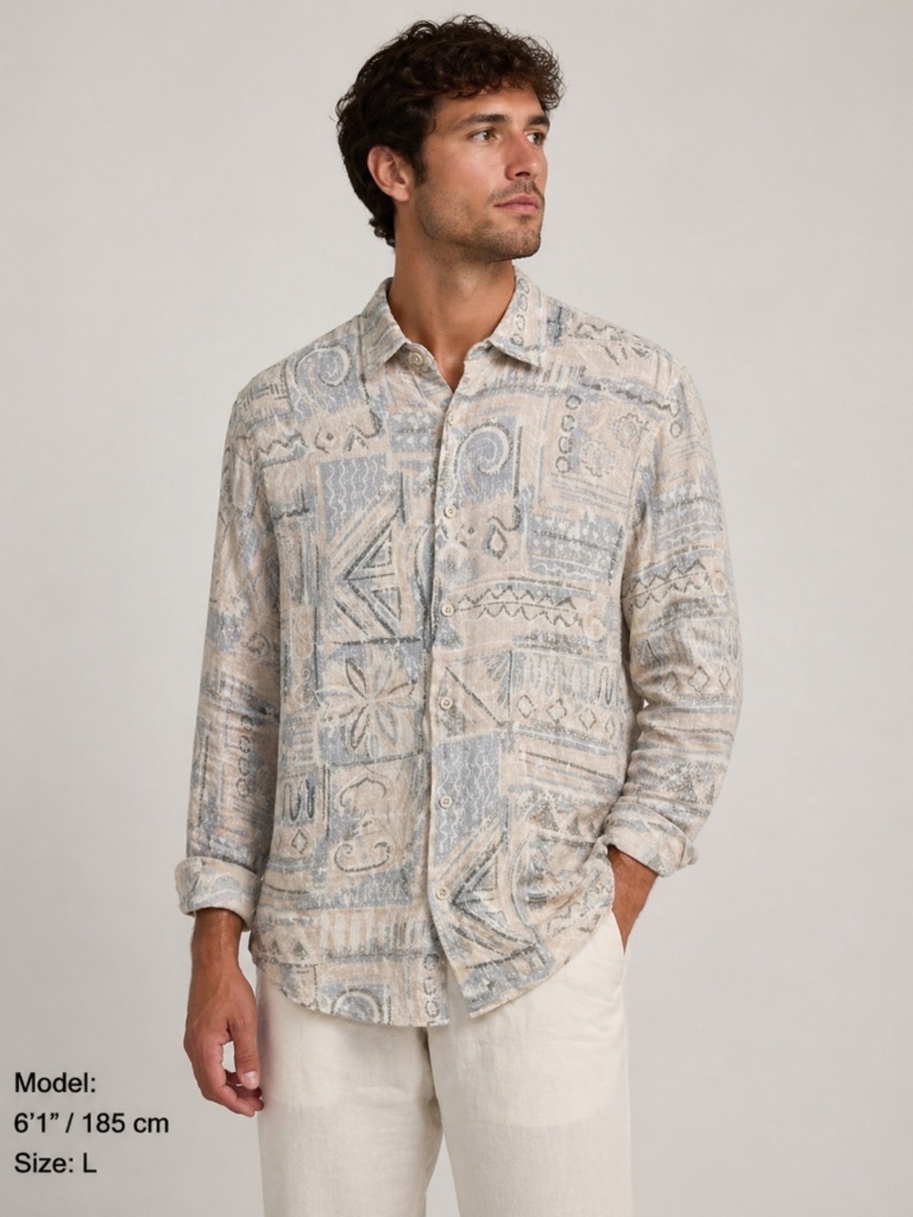 ZARA Abstract Print Button Down Shirt Men’s Linen Blend Size L Neutral Boho